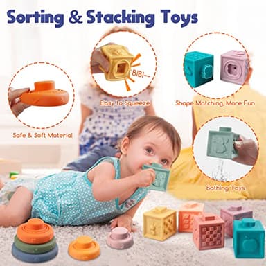 Wuzhineisn Montessori Baby Toys for Ages 6-18 Months - Pull String Teether, Stacking Blocks, Sensory Shapes Storage Bin, Infant Bath Time Fun, 4 in 1 Toddlers Toy Gifts for 1 2 3 Year Old Boys Girls - Image 4