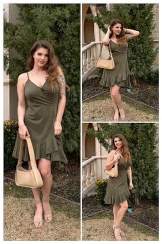 ULTRANICE Army Green Dress Womens Spring Summer 2025 Trendy Casual Wrap Flowy V Neck Adjustable Spaghetti Outfits Clothes Party Wedding Guest Semi Formal Graduation Midi Sun Dresses(Army Green,S) - Image 2