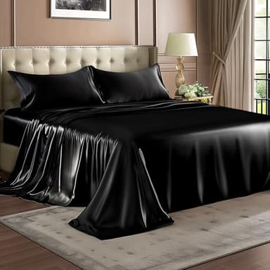 BEDELITE Satin Sheets Queen Size Bed Set, Luxury Soft Black Silky Sheets for Hair and Skin, Similar to Silk Bed Sheets Set 4 Pieces with 1 Deep Pocket Fitted Sheet, 1 Flat Sheet, and 2 Pillowcases - Image 8