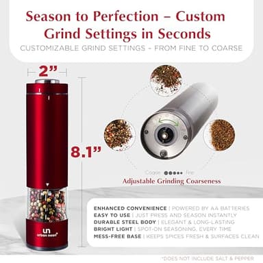 Electric Salt and Pepper Grinder Set - 2 Battery Operated Stainless Steel Mills with Light (Elegant Red Burgundy) - Automatic One Handed Operation - Electronic Adjustable Shakers - Ceramic Grinders - Image 5