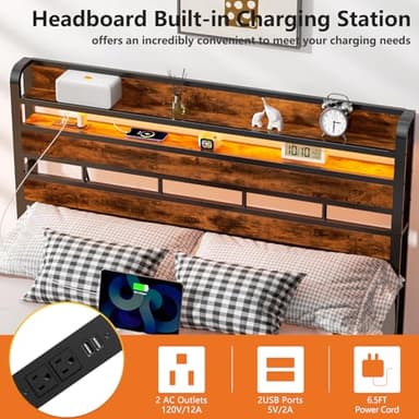 Furnulem Headboard for Queen Size Bed with Storage, LED Light Head Boards with Outlets & USB Ports, Height Adjustable Headboards for Dorm Bedroom, Sturdy Stable Cabeceras de Cama Rustic Brown - Image 6