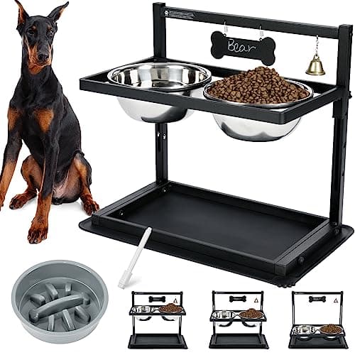 Elevated Slow Feeder Dog Bowls - Raised for Large Dogs, Adjustable Height, 2 Stainless Steel Bowls, Spill Proof Mat, Grey - Image 1