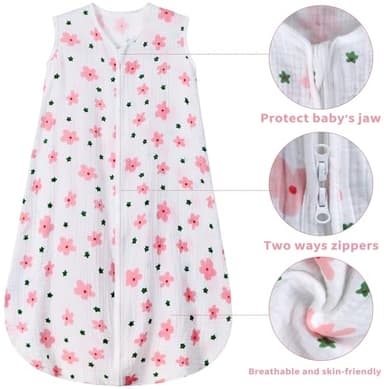 BSTOPPT 2 Pack Baby Sleep Sack 0-6 Months 100% Cotton Muslin Baby Sleeping Bag 2-Way Zipper Wearable Blankets (Flower & Cherry, Small) - Image 4