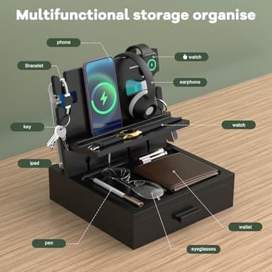 Nightstand Organizer with Charging Station, Wood Docking Station with USB Ports and Outlets, Gifts for Men, Bedside Holder with Drawer for Kindle,Phone,Key, Watch & Accessories (Classic Black) - Image 5