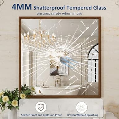 WEER Bathroom Mirror, 36x36 Inch Wall Mirror, Walnut Wood Grain Framed Mirror, Rectangle Vanity Mirror, Tempered Glass, Anti-Rust, Hangs Horizontally or Vertically - Image 3