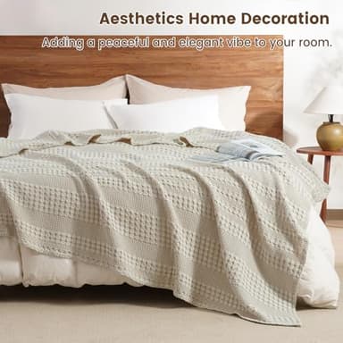 David's Home 100% Cotton Waffle Blanket Queen Size, Lightweight Breathable Soft Cooling Blanket for All Seasons, Gift for Women, Aesthetics Home Decor for Couch Sofa Bedding,Oatmeal,90x90 - Image 5