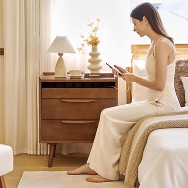 HULALA HOME 2 Drawer Nightstand with Charging Station, Mid-Century Modern Bedside Tables with Wood Legs, Wood Night Stand with Pull-Out Shelf Set of 2, Walnut - Image 9