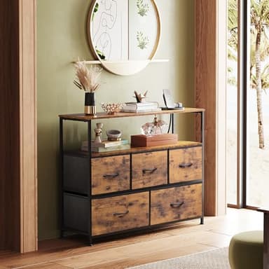 WLIVE Dresser for Bedroom, 5 Drawer Dressers with Charging Station, Fabric Chest of Drawers with Open Shelves, Storage Dresser for Living Room, Closet, Entryway, Rustic Brown Wood Grain Print - Image 8