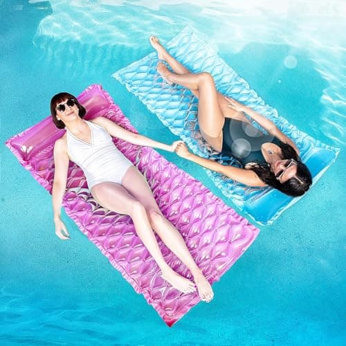 SLOOSH Inflatable Pool Floats Raft,Floating Lounge for Adults,64x32 inch Swimming Mat Pool Mattress with Headrest,2 Pieces Float Air Mat for Summer Water Beach Fun,Blue,Purple - Image 1
