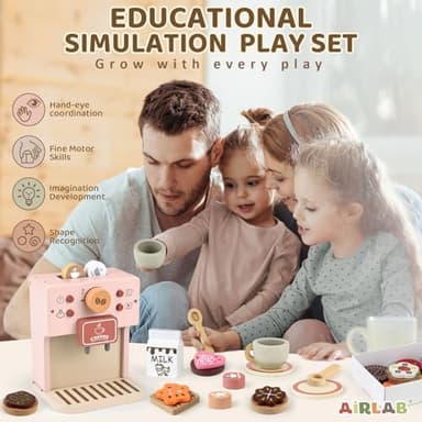 Airlab Kids Coffee Playset Toy Coffee Maker Set for Toddler Wooden Kitchen Accessories Pretend Play for Girls Boys Ages Birthday Gifts Pink - Image 6
