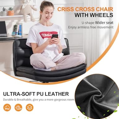 COMHOMA Cross Legged Office Chair with Wheels Armless Office Desk Chair, Modern Vanity Computer Task Chairs for Home Bedroom, Comfortable Wide Seat for Lower Back Pain Relief, PU Leahter, Black - Image 3