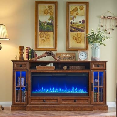 OKD Fireplace TV Stand for 80 Inch TV, Farmhouse Entertainment Center with 42" Fireplace & LED Lights, Modern Media Console Table with Storage Drawers & Cabinets for Living Room, Reclaimed Barnwood - Image 2
