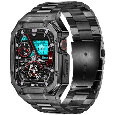 BAITEYOU Stainless Steel Watch Band with Case Compatible with Apple Watch Series 9 8 7 45mm, Rugged Strap with Metal Protective Bumper Cover for iWatch Bands Men (Black) - Image 1