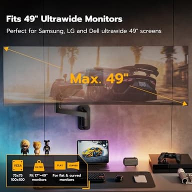 ARES WING Wall Mount Monitor Arm for 17-49 Inch Ultrawide Screens, Heavy Duty Single Monitor Mount Holds 44 lbs, Fully Adjustable Gas Spring Wall Mount, 75x75/100x100 VESA Mount, Black - Image 3