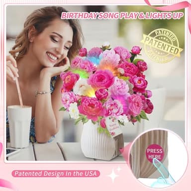MZD8391 Birthday Cards with MUSIC & LIGHTS, Pop Up Happy Birthday Cards, Pink Penoy, 12 Inch Life Sized Forever Flower Bouquet Greeting Card Gifts for Women Mom Grandma - Image 2