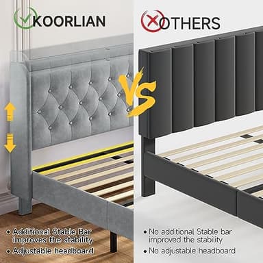 koorlian Queen Bed Frame, Velvet Adjustable Upholstered Platform Bed Frame with Type-C&USB Ports, Wingback Storage Headboard, Solid Wood Slats Support, No Box Spring Needed, Noiseless, Gary - Image 5