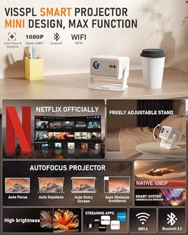 【Netflix Licensed & Auto focus Projector】VISSPL Smart Projector with WiFi and Bluetooth, Auto Focus & Keystone Protable Mini Projector with Stand, 4K Netflix Home Theater Projector - Image 2
