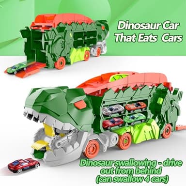 Dufuntotoys City Dinosaur Ultimate Hauler Track Toy for Boys, Transforms into Stomping Dinosaur with Race Track Ultimate Transporter Hauler Toddler Toys Gifts for Kids Birthday (4 Cars) - Image 3
