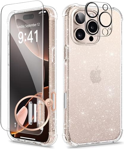GVIEWIN for iPhone 16 Pro Case, with Screen Protector & Camera Lens Protector [Not Yellowing] Floral Slim Shockproof Protective Clear Flower Women Phone Cover 6.3'' (Twinkle Clear) - Image 1