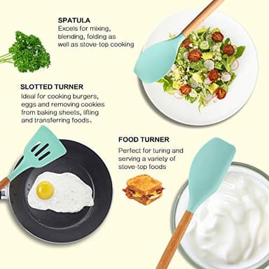 MIBOTE Silicone Cooking Kitchen Utensils Set with Holder, Wooden Handles Cooking Tool BPA Free Turner Tongs Spatula Spoon Kitchen Gadgets Set for Nonstick Cookware (Teal) - Image 5