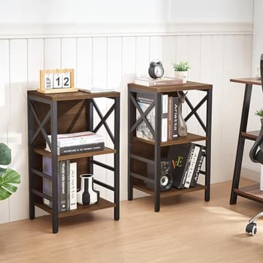 MNEETRUNG Small Bookshelf,3 Tier Industrial Bookcase with Metal Frame and Backboard,Low Rustic Brown Book Shelf,Book case for Small Spaces,Living Room,Bedroom and Home Office - Image 5