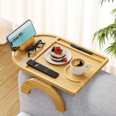 Wisreach Bamboo Sofa Tray Table, Clip-On Tray Sofa Table - 15” L x 10.2” W, Anti-Slip Sofa Armrest Tray Table with 360° Phone Holder, Couch Arm Table for Eating, Drinks, Snacks, Remote, and Pen - Image 8
