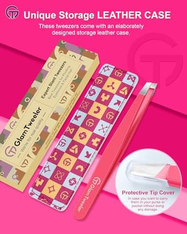 Expert Eyebrow Hair Removal Tweezer with Leather Case, GlamTweeler High Precision Slant Tip Stainless Steel Tweezers for Men and Women (Hot Pink) - Image 6