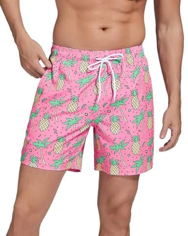 SILKWORLD Mens Swim Trunks with Compression Liner Quick Dry Bathing Suit with Zipper Pockets, Pink Pineapple, Large - Image 3