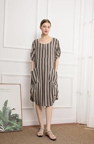 Minibee Women's Ruffle Oversize Casual Midi Dresses with Pockets Style 2 Black Stripe XL - Image 2