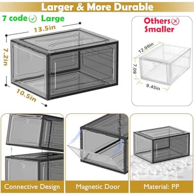 7 code Large Clear Shoe Boxes Organizer【Thicker Material】 Stronger Shoe Box with Magnetic Door, Stackable Shoe Storage Box for Closet, Foldable Space-Saving Storage Bins Shoe Cabinet, Black 9-Pack - Image 3