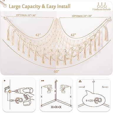 YKBU Stuffed Animals Hammock Corner Hanging Net with Wooden Beads Macrame Stuffed Animal Storage Ideas Plush Holder Toy Organizer for Boho Nursery Playroom Bedroom Kids Room Decor (cream, X-Large) - Image 5