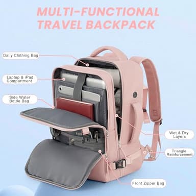 Sinaliy Travel Backpack, Carry on Flight approved Travel Bag with Multi-Pockets, Waterproof 17.3inch Laptop Backpack for Men Women, Pink - Image 4