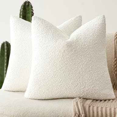Foindtower Pack of 2 Textured Boucle Throw Pillow Covers Accent Solid Pillow Cases Cozy Soft Decorative Couch Cushion Case for Chair Sofa Bedroom Living Room Home Decor, 18 x 18 Inch,White - Image 1