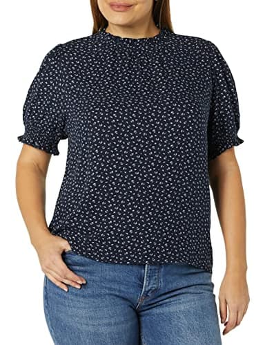 Amazon Essentials Women's Fluid Twill Short Puff Sleeve Smock Detail Shirt, Navy White Ditsy Print, XX-Large - Image 3