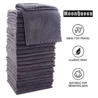 MOONQUEEN Ultra Soft Premium Washcloths Set - 12 x 12 inches - 24 Pack - Quick Drying - Highly Absorbent Coral Velvet Bathroom Wash Clothes - Use as Bath, Spa, Facial, Fingertip Towel (Grey) - Image 6