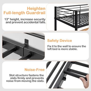 VECELO Metal Loft Bed Twin Size with Desk, Heavy Duty Bedframe with Removable Ladder and Safety Guardrail, Space-Saving, Noise Free, No Box Spring Needed, Matte Black - Image 4