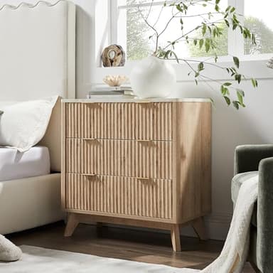 T4TREAM 32" Tall Fluted Nightstand Set of 2, Modern Side Table with Faux Marble Top, 3 Drawers End Table w/Storage, Bedside Table for Bedroom, Living Room, Curved Profile Design, Natural Oak - Image 2