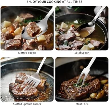 304 Stainless Steel Cooking Utensils Set, 8PCS Kitchen Utensils Set, Include Skimmer, Soup Ladle, Spaghetti Server, Wok Spatula, Slotted Spoon, Solid Spoon, Slotted Spatula Turner & Meat Fork - Image 8