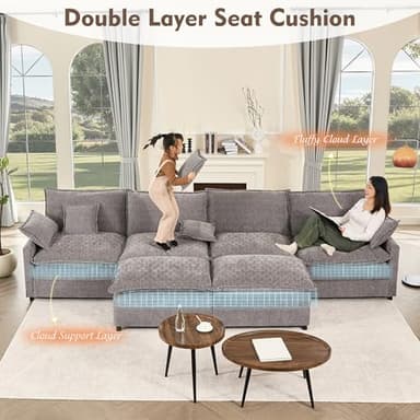 GOSUHI 142.5" U Shaped Couch, Modular Sectional Sofa, 3-Seater Comfy Cloud Couch with Movable Ottoman, Deep Seat Couches for Living Room, Chenille, Slate - Image 5