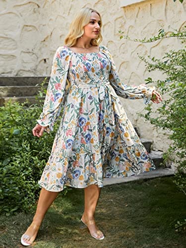 Amegoya Women's Bohemian Plus Size Spring Floral Midi Dress Long Sleeve Smocked Square Neck Dress X-Large Print - Image 3