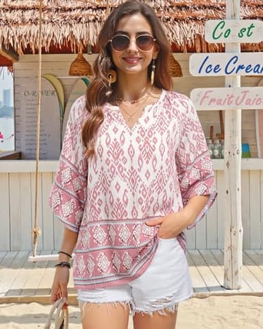 Bebonnie Boho Peasant Tops for Women: 3/4 Sleeve Dressy Casual V Neck Boho Tops - Summer Linen Beach Vacation Clothes - Plus Size Spring Clothes for Women Multi Pink XXXL - Image 5