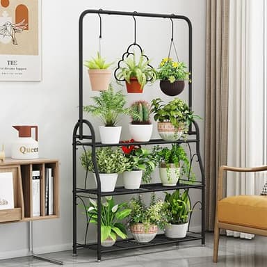 ECOESPTI Plant Stand, 3 Tier Moveable Tall Corner Hanging Plant Rack for Indoor Outdoor, Black Heavy Duty Metal Multiple Plant Shelf Holder for Garden Balcony Living Room - Image 7