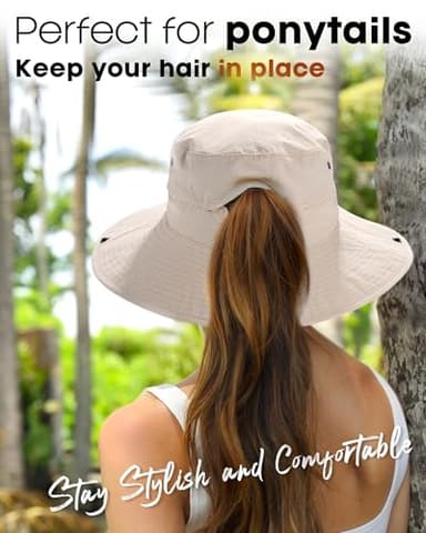 FURTALK Sun Hats for Women Ponytail UPF 50+ Beach Summer Hat Wide Brim Packable Cowboy Hat Beige - Image 3