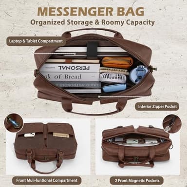 RAINSMORE Messenger Bag for Men 16 Inch Leather Laptop Bags Work Computer Briefcase Vintage Mens Satchel Shoulder Bag for Work, Office, Business, Travel, Brown - Image 2