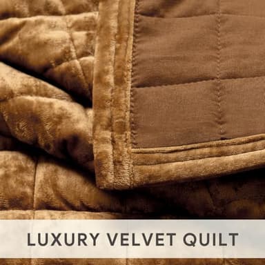 RECYCO Luxury Velvet Quilt Set King Size Bedding Sets, Ultra Soft Velvet Comforter Set, Lightweight Channel Box Stitch Oversized Bedspread Coverlet for All Season, with 2 Shams, Caramel Gold - Image 4