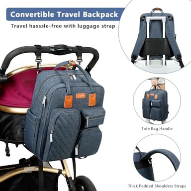 Diaper Bag Backpack, Large Capacity Baby Diaper Backpack with Tons of Pockets, Built-in Stroller Straps, Multi function Waterproof Diaper Bag（Bluish grey） - Image 4