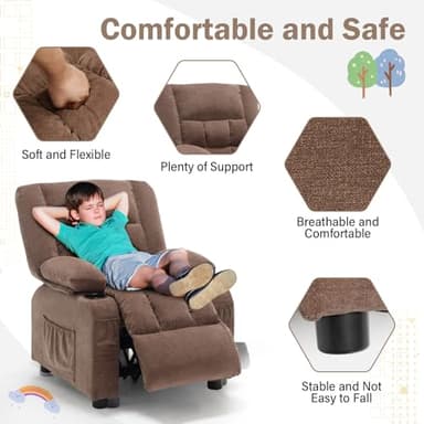BOSMILLER Kids Recliner Chair, Push Back Toddler Recliner with Cup Holders & Side Pockets, Adjustable Footrest & Headrest Kids Sofa for Boys Girls 3+ Age Group (Light Brown) - Image 4