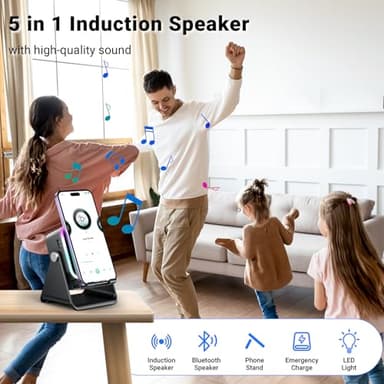 Induction Speaker with Phone Stand 5 in 1 Wireless Induction Bluetooth Audio for iPhone Android Phone Speakers Amplifier with Rechargeable Colorful Light, Birthday Gifts for Men Women Teens (Black) - Image 2