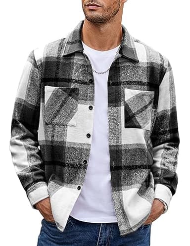 COOFANDY Men's Flannel Shirts Casual Button Down Plaid Shirt Jacket Long Sleeve Fleece Shacket with Pockets Black - Image 1