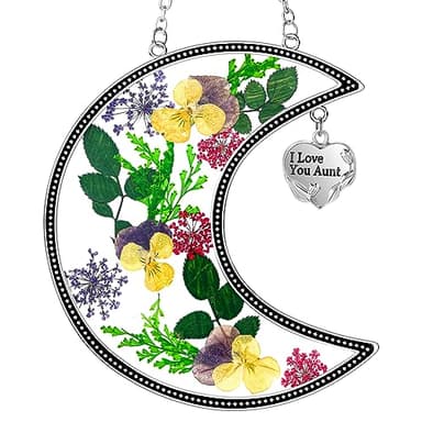 KY&BOSAM Moon Suncatchers Aunt Gifts for Mom Family Friends Stained Glass for Windows Wind Chimes Real Flower Colorful and Metal I Love You Aunt Heart Chain Outdoor for Garden Indoor Home Trees Decor - Image 3